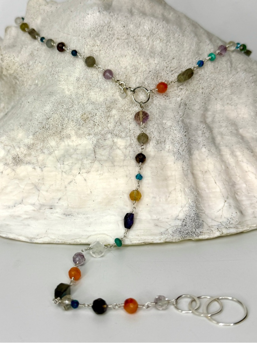 Long Sterling Silver Wire Wrapped Mixed Gemstone Y Necklace